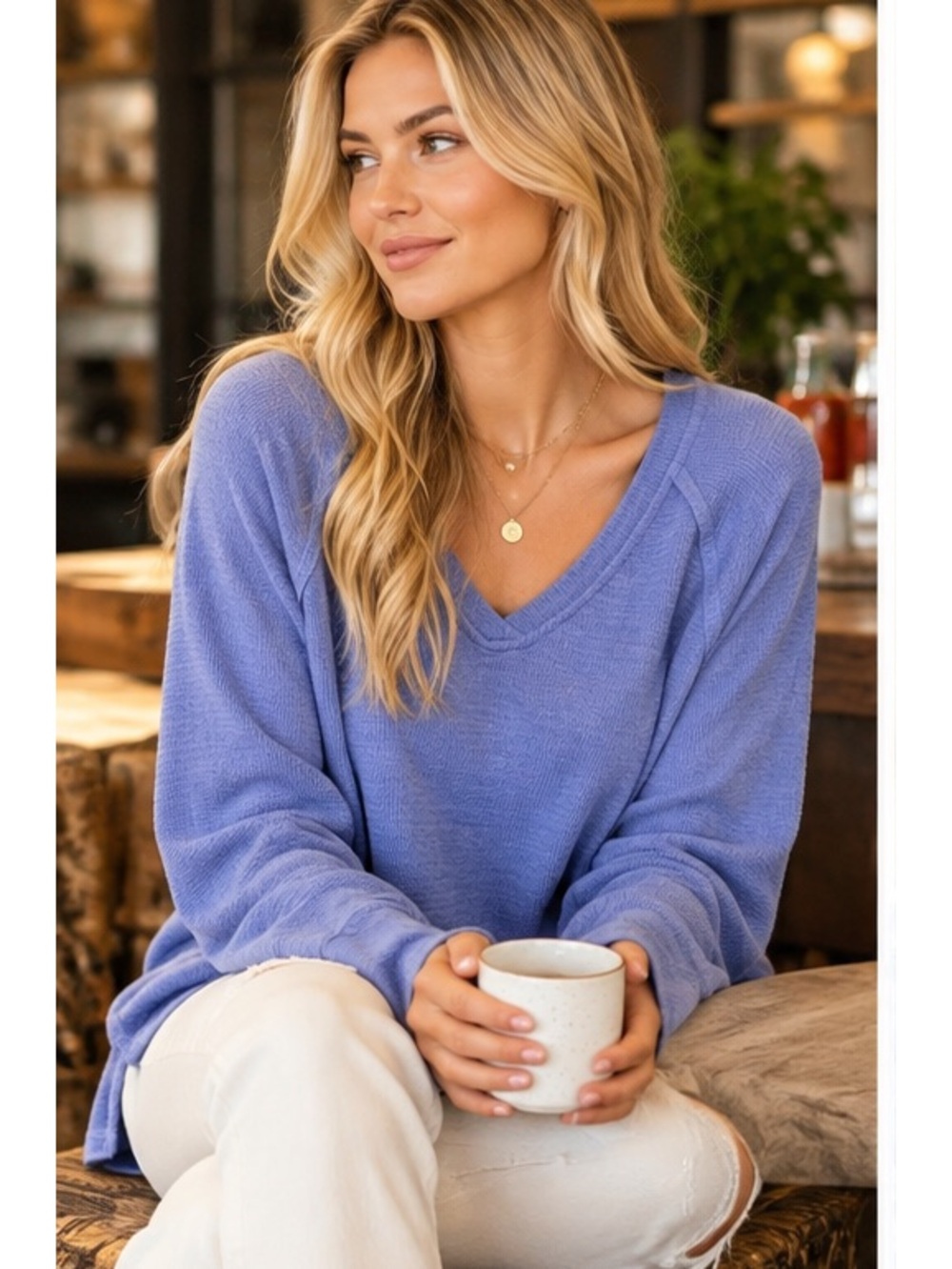 Wildfox Haley Soft Brushed V Neck Thermal Top Periwinkle Blue L